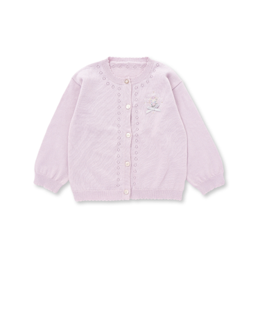 お花ボタンリボン付き刺しゅう裾袖スカラップニットカーディガン(90~130cm)