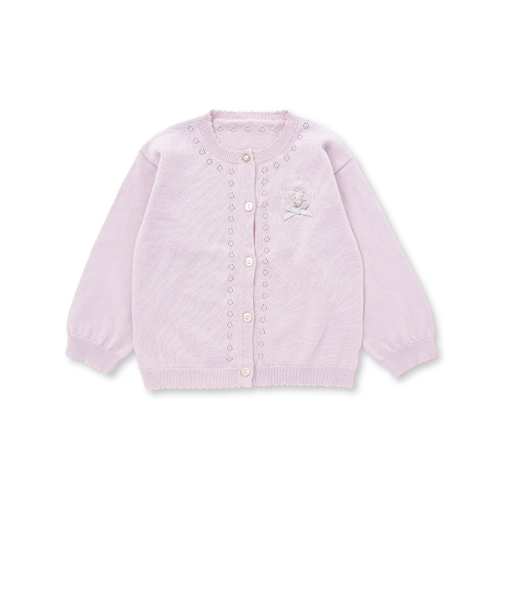 お花ボタンリボン付き刺しゅう裾袖スカラップニットカーディガン(90~130cm)