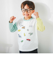 恐竜はたらくくるまプリント＆ワッペンギュギュっとモチーフ袖配色Tシャツ(80~130cm)