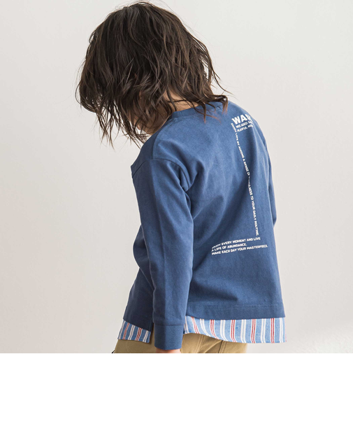 ストライプシャツレイヤード風天竺Tシャツ(100~160cm)