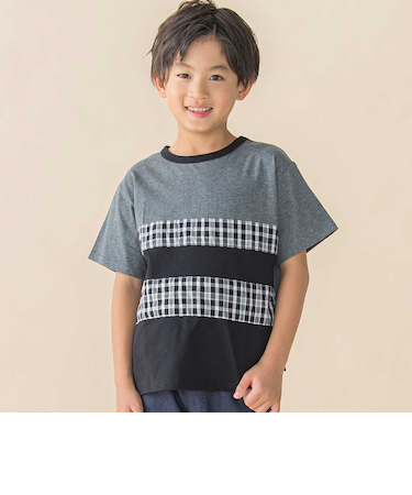 天竺無地+チェック切り替え半袖Tシャツ(95~150cm)