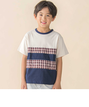天竺無地+チェック切り替え半袖Tシャツ(95~150cm)