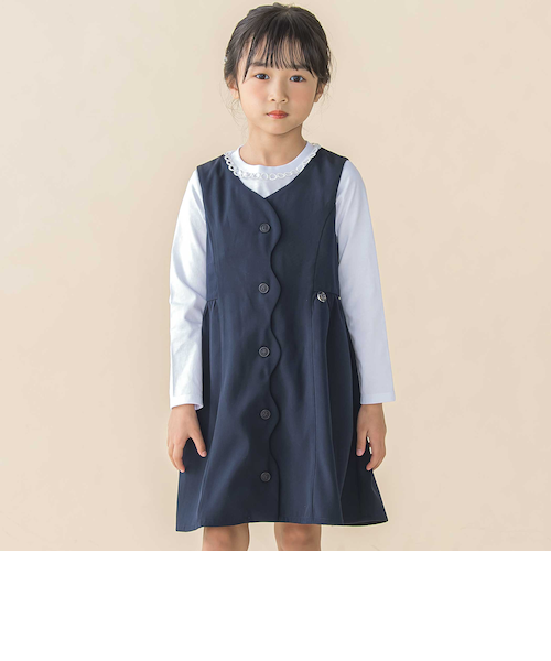 BeBe べべ　ワンピース　130㎝　ブルーグレー　パニエ付【匿名配送】 デニムレースイチゴ刺しゅう襟ワンピース+ブルマセットベビー(70