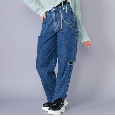 【 ニコ☆プチ 掲載 】チャーム付きサイドカットアウトデニムパンツ(130~160cm)