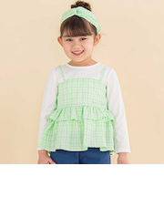 【お揃い】ワッシャーチェックキャミ重ね着風長袖Tシャツ(80~130cm)