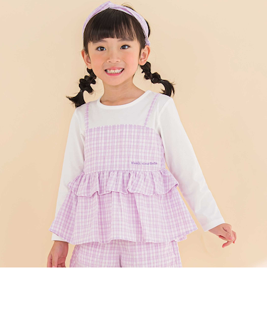 【お揃い】ワッシャーチェックキャミ重ね着風長袖Tシャツ(80~130cm)
