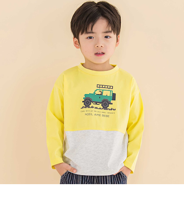 天竺スパンフライス配色くるまプリント長袖Tシャツ(80~130cm)