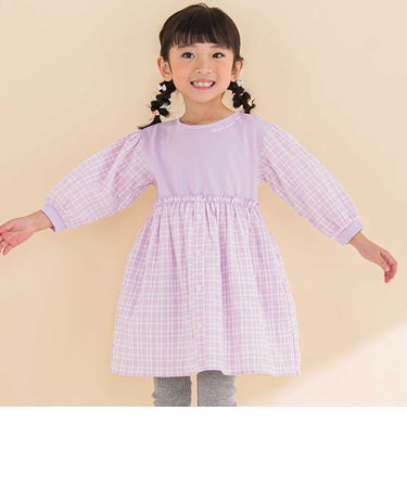 天竺ワッシャーチェックドッキングワンピース(80~130cm)