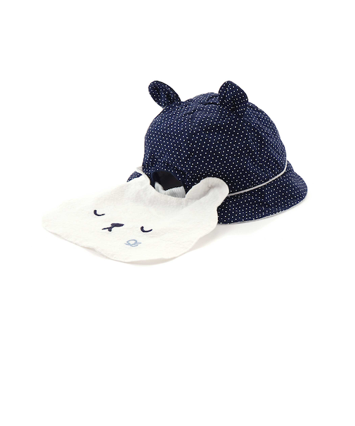 【お揃い/UVカット】ドットストライプチェッククマさん日よけ付きハットベビー(46~48cm)