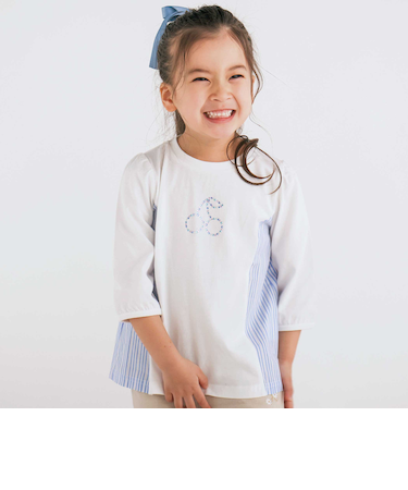 キラキララインストーンモチーフ切り替え7分袖Tシャツ(80~130cm)