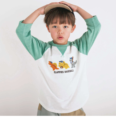 乗り物恐竜ポコポコサガラ刺しゅう7分袖ラグランTシャツ(80~130cm)