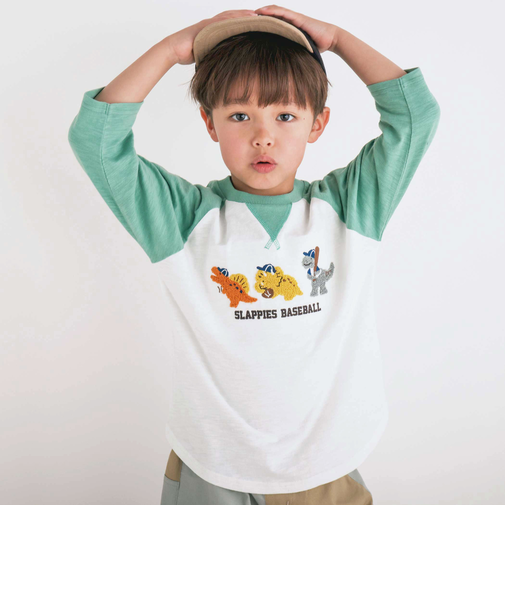 乗り物恐竜ポコポコサガラ刺しゅう7分袖ラグランTシャツ(80~130cm)