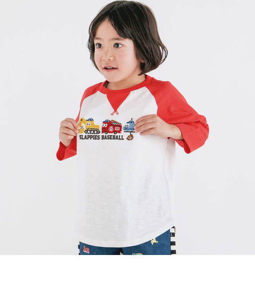 乗り物恐竜ポコポコサガラ刺しゅう7分袖ラグランTシャツ(80~130cm)