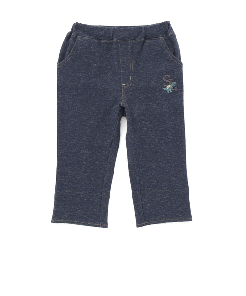 はたらくくるま恐竜乗り物折り返し裾プリントデニム風ツイルニット7分丈パンツ(80~130cm)