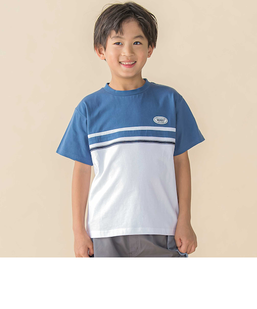 天竺バイカラーステッチテープポイント半袖Tシャツ(95~160cm)
