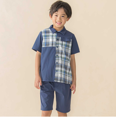 チェック＆無地切り替え半袖シャツ+ハーフパンツセットアップ(95~150cm)