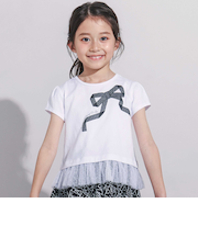 裾チュールフリルリボンプリント天竺半袖Tシャツ(90~150cm)