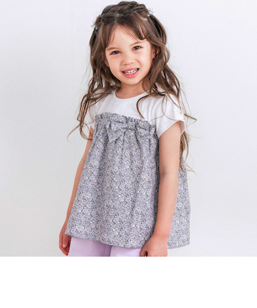 【お揃い】リボン付き花柄ドッキングTシャツ(80~130cm)