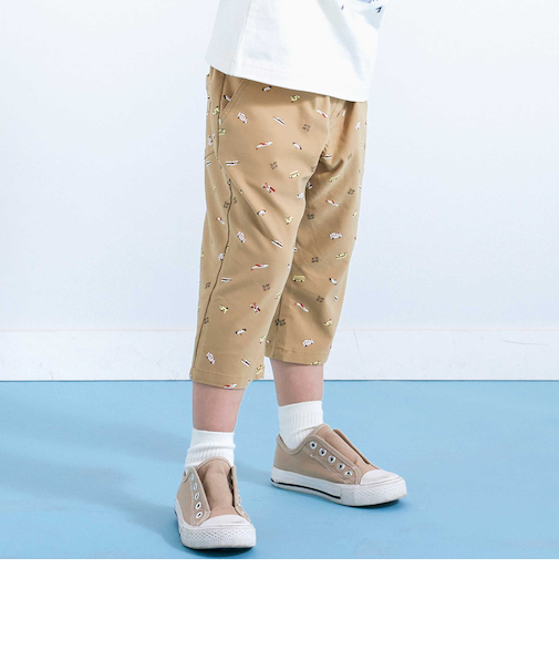 【らくのび】ウエストリブラインプリント乗り物柄ストレッチ7分丈パンツ(80~130cm)