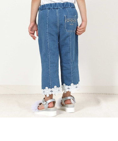 裾お花レースデニムニットセンタータック7分丈パンツ(80~130cm)