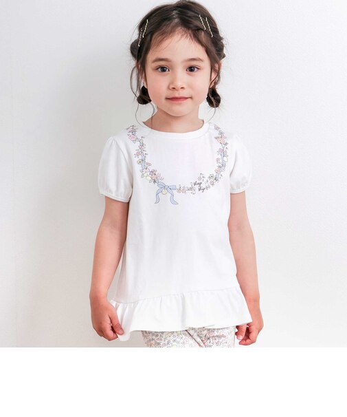 お花リボンネックレスプリント裾フレアTシャツ(80~130cm)