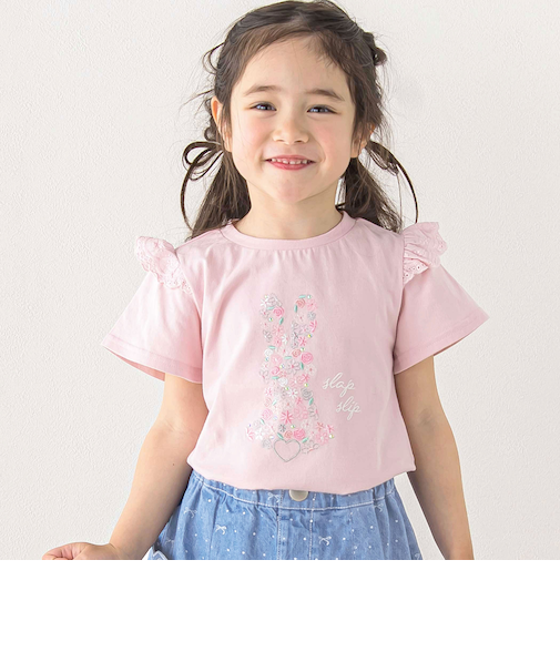 アニマルウサギフロント刺しゅうホットフィックスモチーフ肩レース半袖Tシャツ(80~130cm)