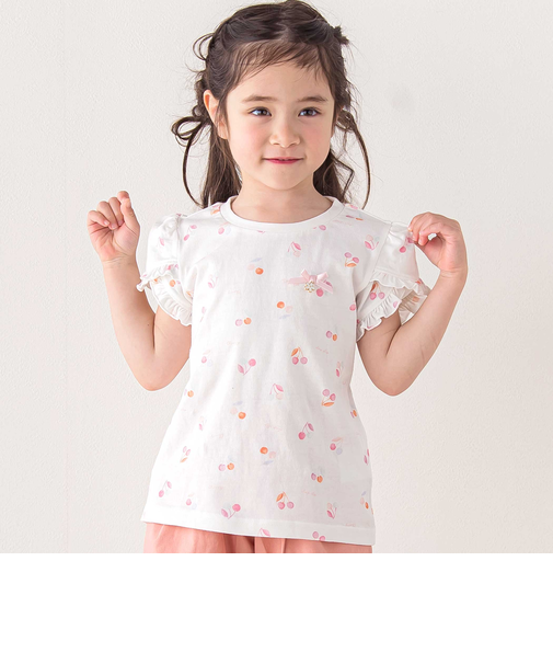 【お揃い】アイスチェリーレモン総柄フリル袖Tシャツ(80~130cm)