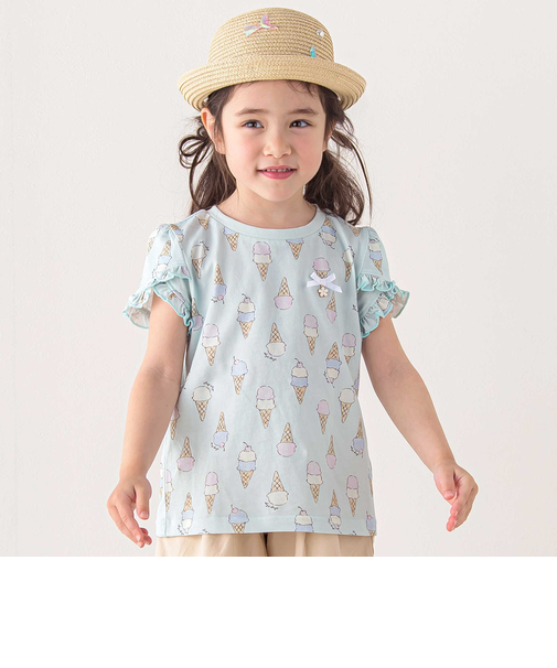 【お揃い】アイスチェリーレモン総柄フリル袖Tシャツ(80~130cm)