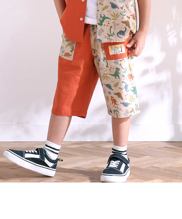 【お揃い/接触冷感】無地ヒマワリサファリ柄切り替えポケット付き麻レーヨンパンツ(80~130cm)