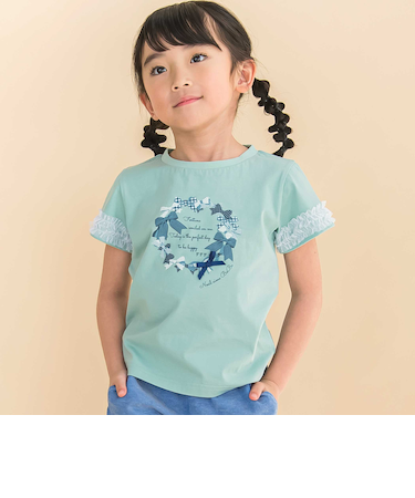 天竺袖フリルリボンプリント半袖Tシャツ(80~130cm)