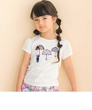 【お揃い】天竺花柄チェックパッチパフスリーブ半袖Tシャツ(80~130cm)