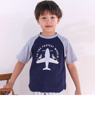 飛行機クルマ恐竜刺しゅうプリントラグランTシャツ(80~130cm)
