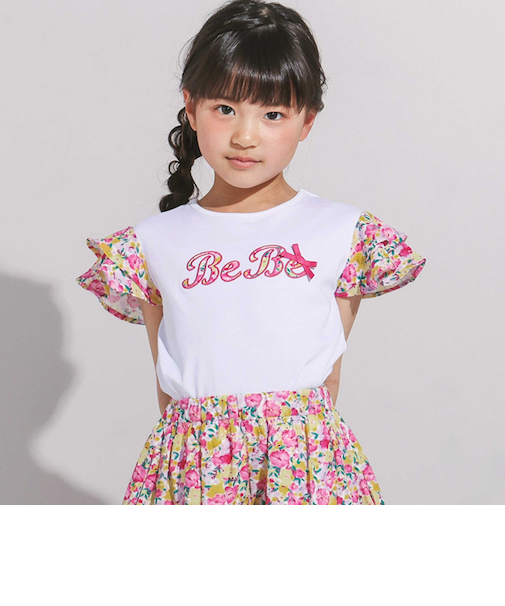 【お揃い】フルールドゥジョワプリントパッチロゴ切り替えTシャツ(90~150cm)