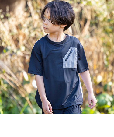 【接触冷感/速乾】【お揃い】ファスナーポケット配色速乾メッシュTシャツ(110~160cm)