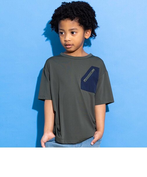 【接触冷感/速乾】【お揃い】ファスナーポケット配色速乾メッシュTシャツ(110~160cm)