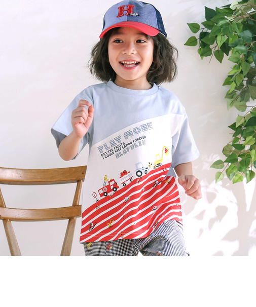 切り替えはたらくくるまボーダープリント半袖Tシャツ(80~130cm)