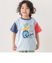 恐竜ピラミッドプリントサガラ刺しゅう袖配色Tシャツ(80~130cm)
