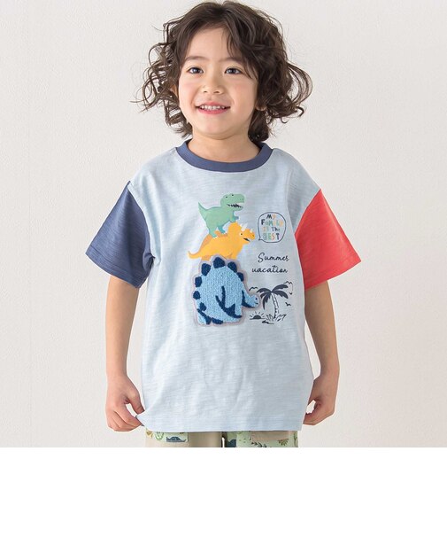 恐竜ピラミッドプリントサガラ刺しゅう袖配色Tシャツ(80~130cm)
