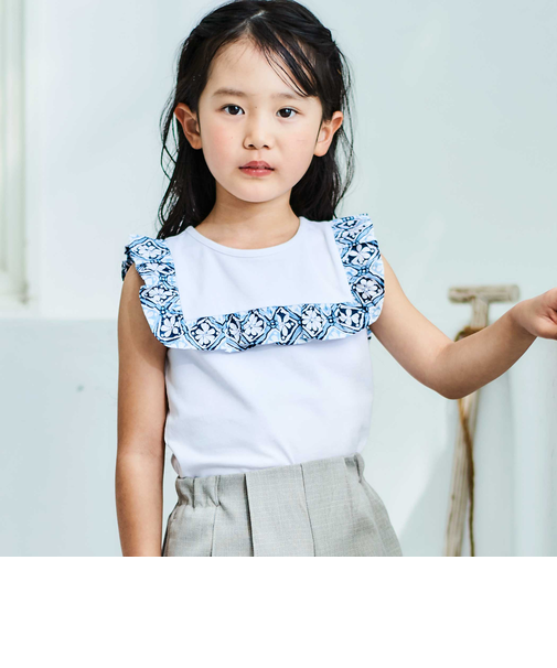 【お揃い】復刻アーカイブタイル柄スクエアフリル天竺Tシャツ(90~150cm)