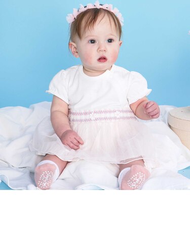 【お揃い】マルチストライプチュールスカートスモッキングロンパースベビー(70~80cm)