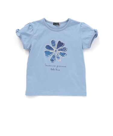 袖リボンフラワープリント天竺半袖Tシャツ(90~160cm)