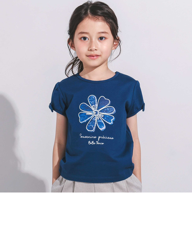 袖リボンフラワープリント天竺半袖Tシャツ(90~160cm)