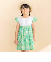 【お揃い】水彩花柄プリント天竺ドッキングワンピース(80~130cm)