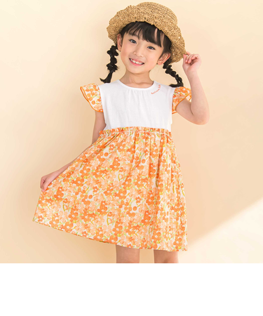 【お揃い】水彩花柄プリント天竺ドッキングワンピース(80~130cm)