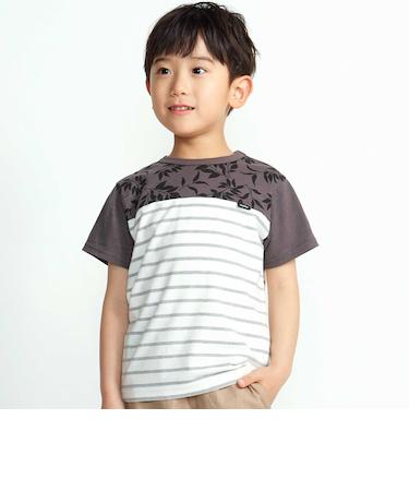 リーフ柄ボーダー切り替え天竺半袖Tシャツ(90~150cm)