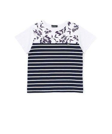 リーフ柄ボーダー切り替え天竺半袖Tシャツ(90~150cm)