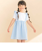 【お揃い】ドットドビーｘストレッチフライス肩フリルドッキングワンピース(80~130cm)