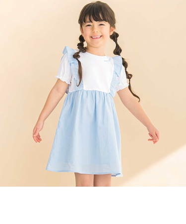 【お揃い】ドットドビーｘストレッチフライス肩フリルドッキングワンピース(80~130cm)