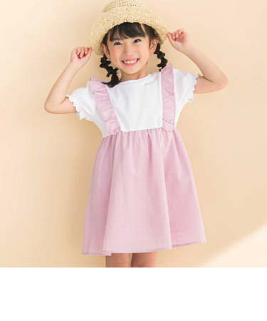 【お揃い】ドットドビーｘストレッチフライス肩フリルドッキングワンピース(80~130cm)