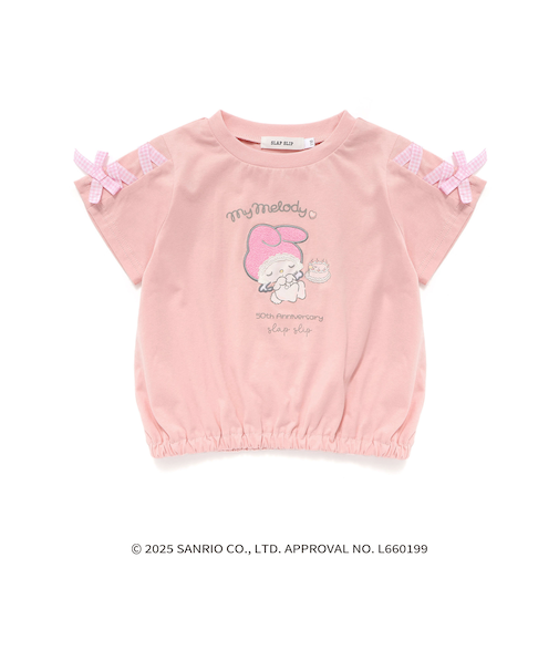 【マイメロディ＆クロミ×SLAPSLIP】キャラクタープリント編み上げリボンスリーブTシャツ(90~130cm)